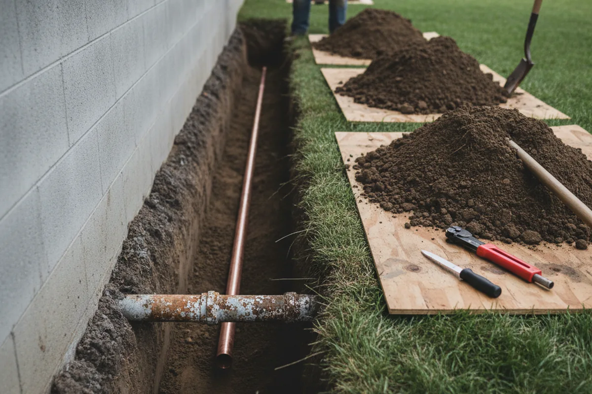 Excavated water line trench during Water Softener Installation in Buckholts